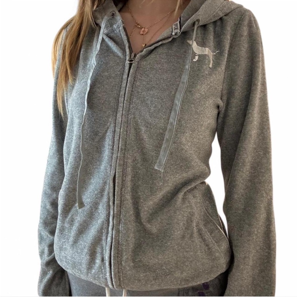 Y2k Victoria’s Secret pink grey sequin heart zip up hoodie 🪩